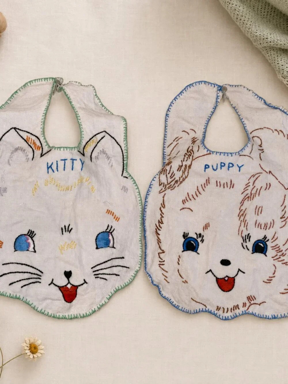 Vintage Kitty & Puppy Embroidered Baby Bibs Set Handmade Animal Face